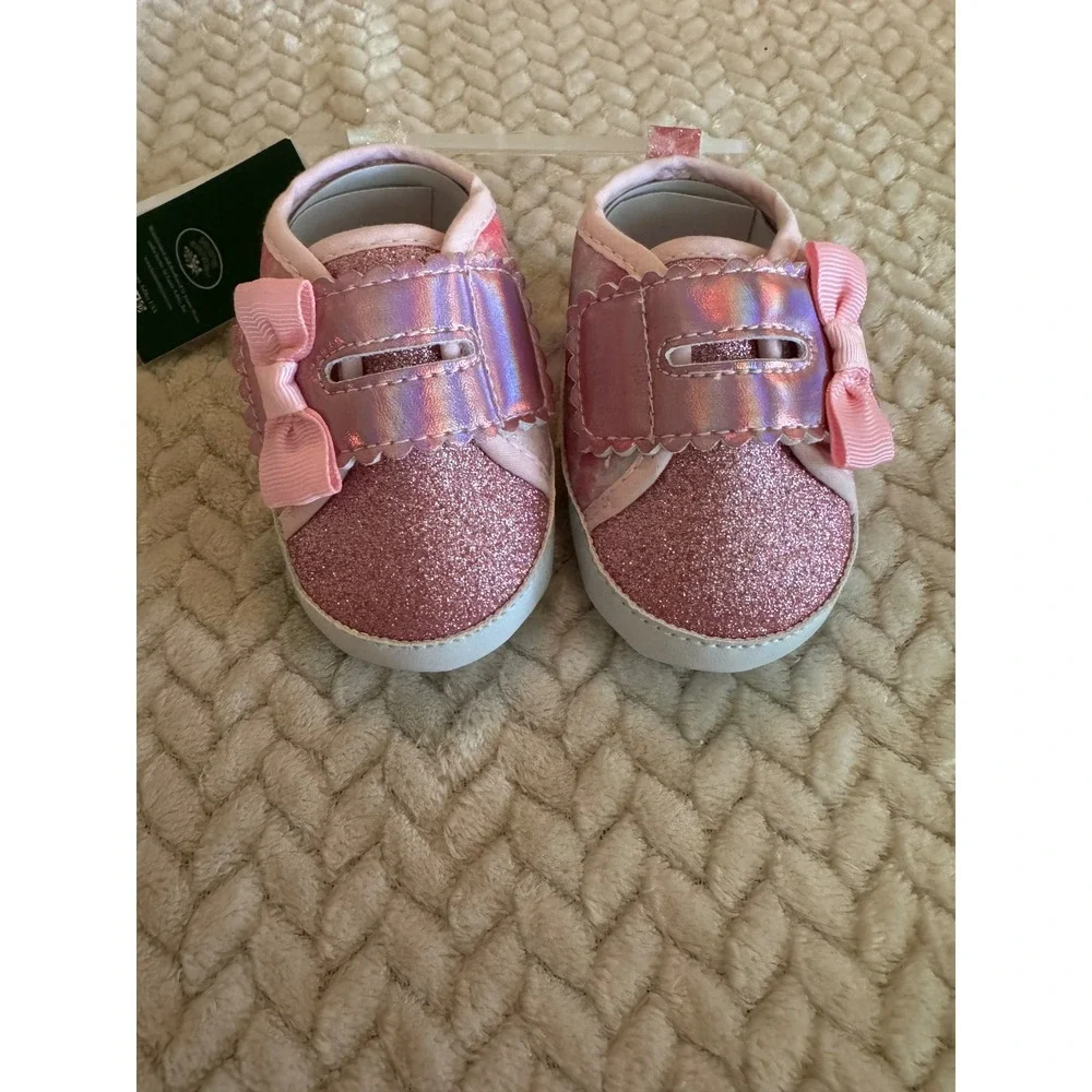 Laura Ashley Girls Infant Pink Multi Glitter Bow Crib Shoes Size 2 A91063H NEW